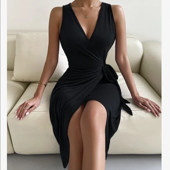Dresses | Comfy Solid Casual Wrap Tank Midi Dress